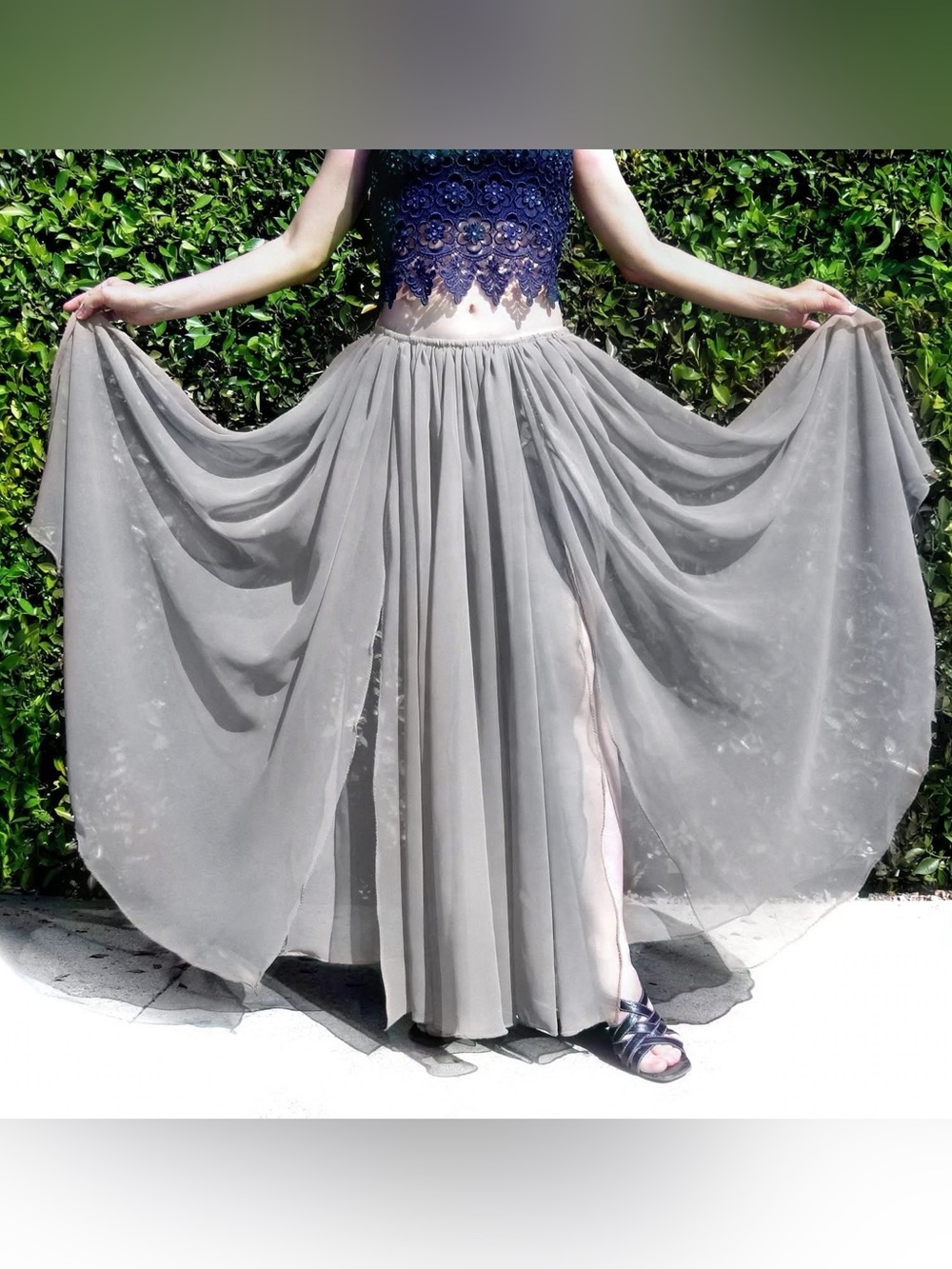 Gray Chiffon Skirt with 2 slits. Ameynra design. New